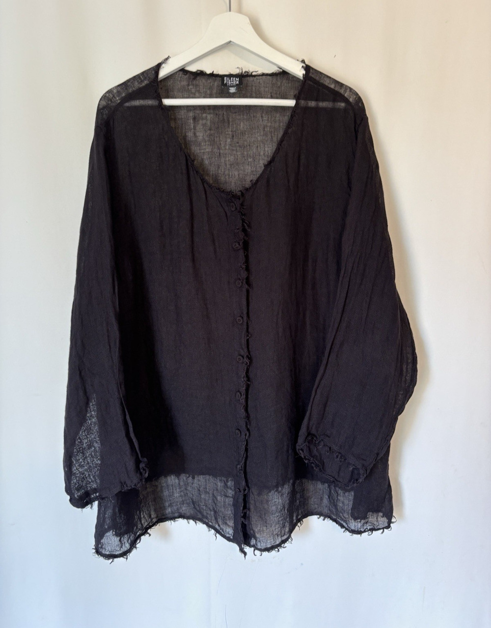 Eileen Fisher Blouse Top Button Up Black Linen Relaxed XXL 2XL 3XL